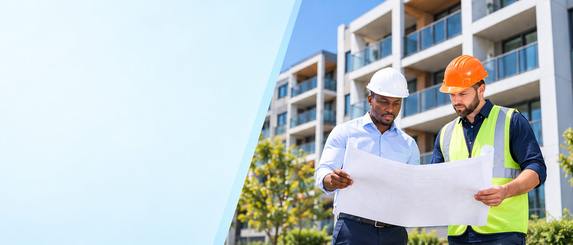 Property assessment professionals reviewing building plans at a multifamily property.