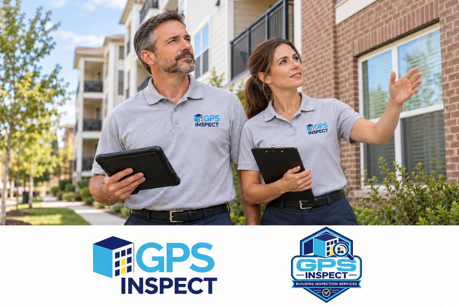 Illustrative GPS Inspect professionals evaluating an apartment building.